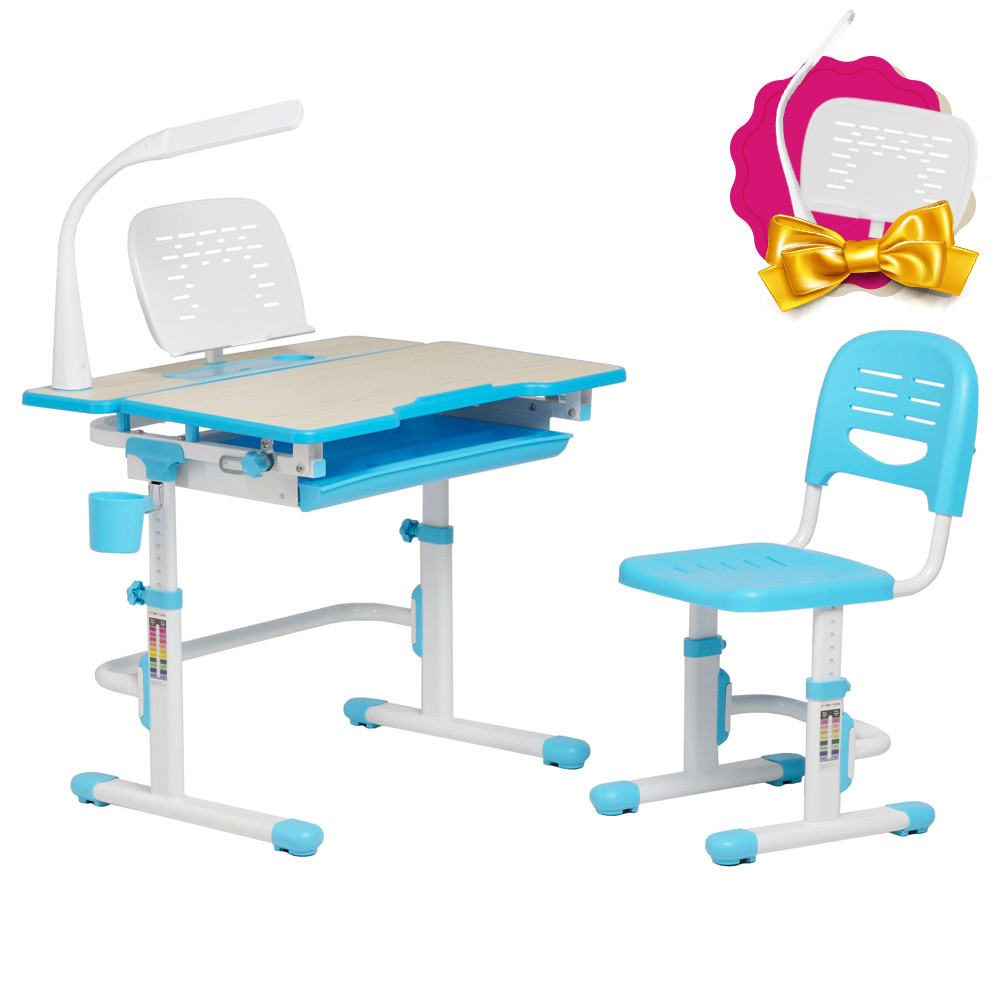Зростаюча парта + стілець для школяра Fundesk Lavoro Blue + настільна світлодіодна лампа FunDesk L1