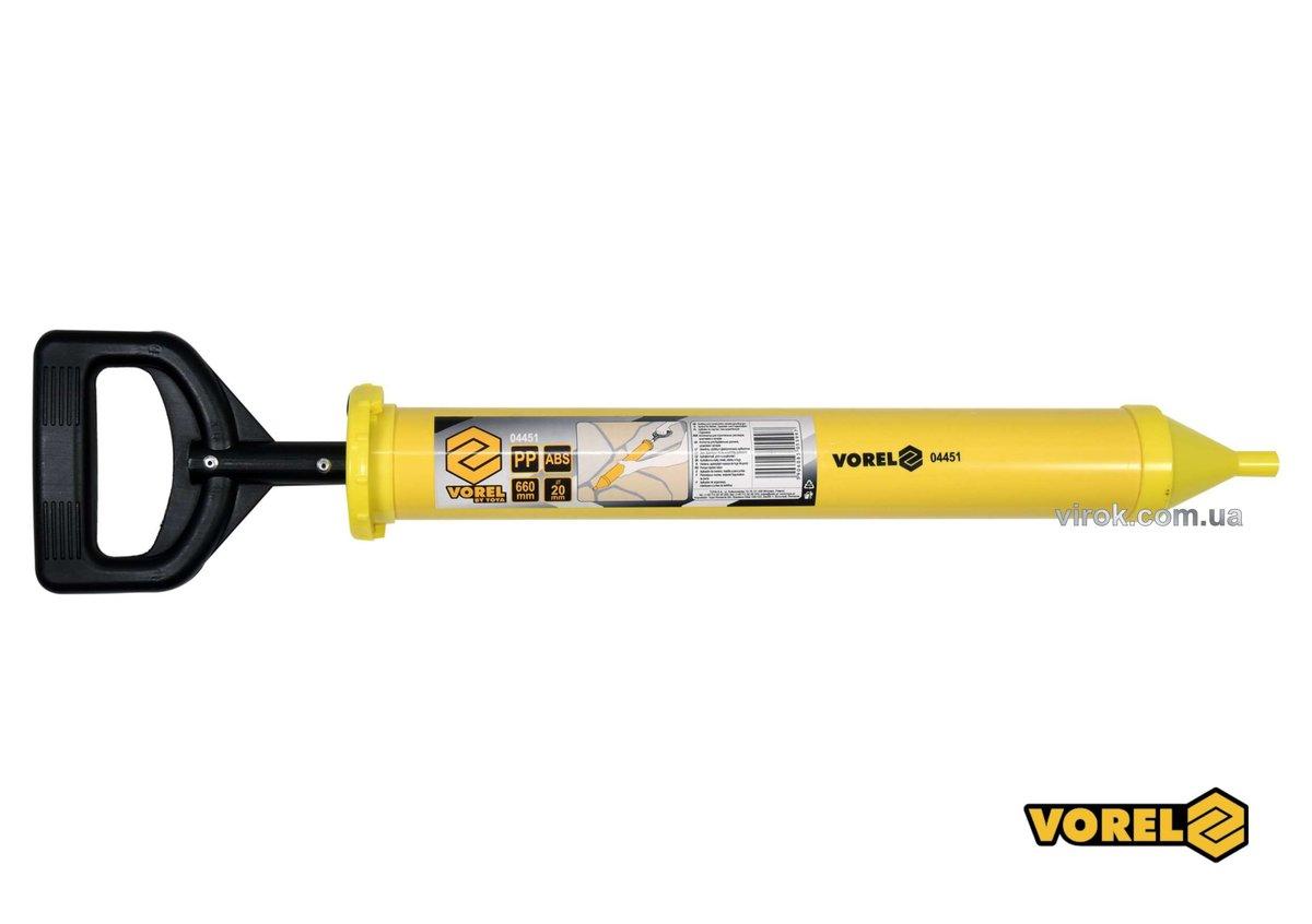 Шприц для нанесення будівельних сумішей VOREL, l=660 мм, пластиков. корпус Ø=60 мм, сопло Ø=10 мм