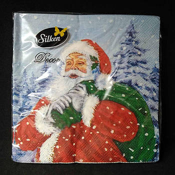 Новорічні паперові серветки Silken "Дід Мороз з мішком" 3 шари 18 штук