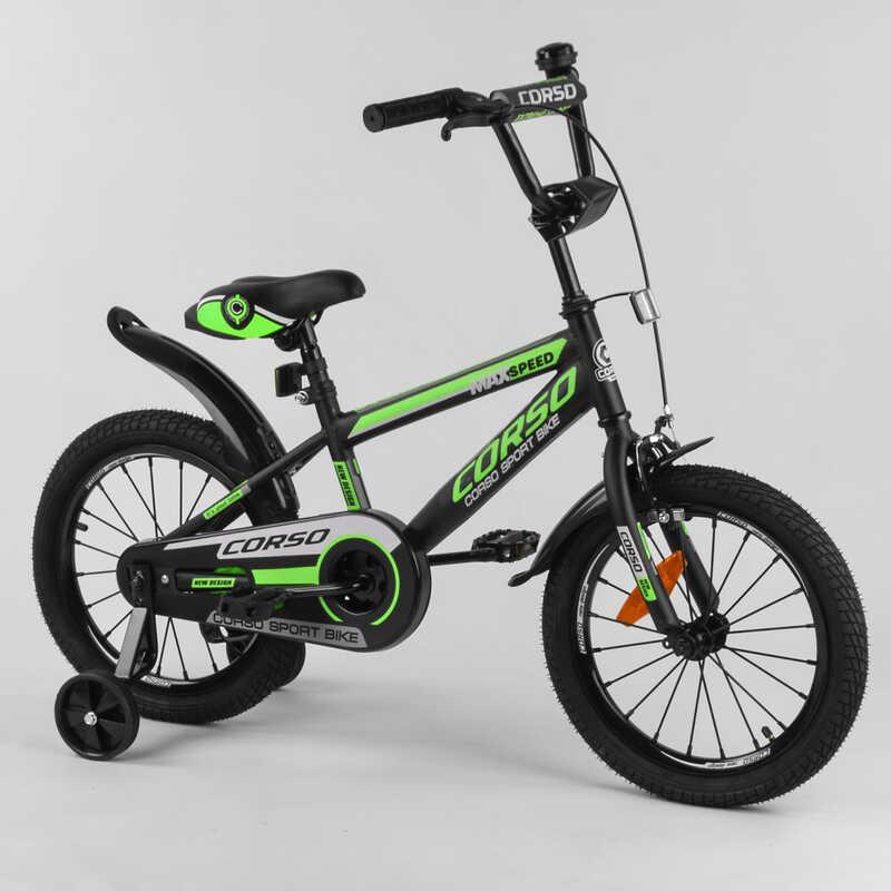 Велосипед детский 16 Corso MAX Speed ST-16312 усиленный обод и спица, черно-зеленый - фото 1 - id-p1516291799