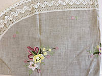 Скатерть серая льняная вышитая ручная работа овальная "Полевой цветок" 138*98см