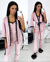 Жіноча велюрова піжама-трійка з халатом, штанами і майкою