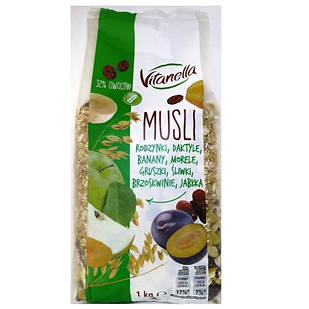 Мюслі Пластівці Вівсяні Vitanella Musli ізюм, банан, груша, абрикос, слива, персик і яблуко 1 кг Польща