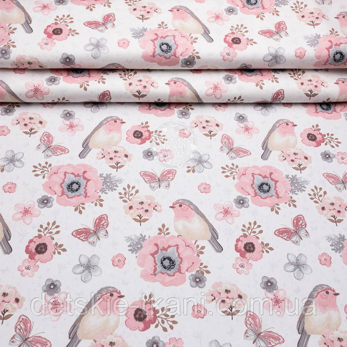 Ранфорс шириною 240 см "Пташки, метелики та анемони" пудрово-сірі на білому (№3961), фото 1