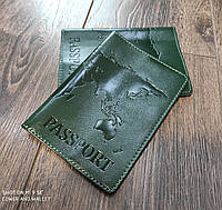 Зеленая обложка на паспорт с тиснением карта мира из гладкой кожи ST Leather