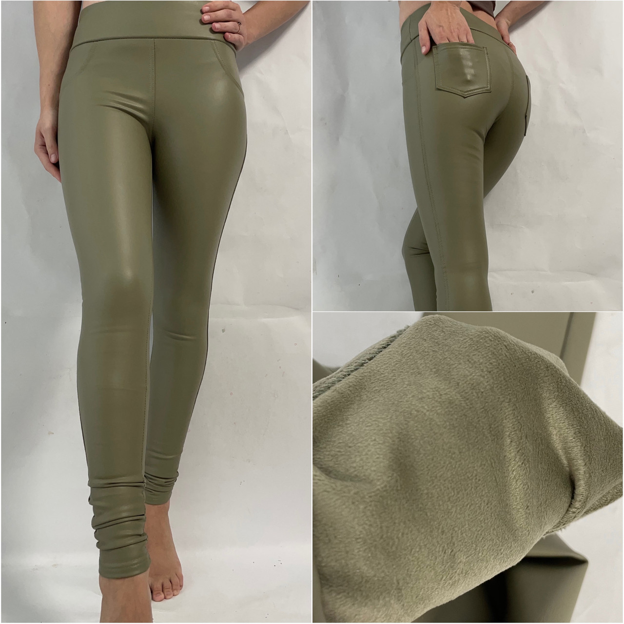 ТЕПЛЕЧІ лосини з екошкіри No085 хакі (батал)