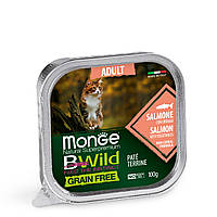 MONGE BWILD WET CAT Adult Беззерновой паштет с лососем и овощами для взрослых кошек 100 гр