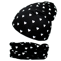 Комплект: детская шапка и шарф - кольцо Черный в сердечко