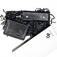 Подарунковий набір Grande Pelle: шкіряна обкладинка для ID паспорта+ключниця чорний колір