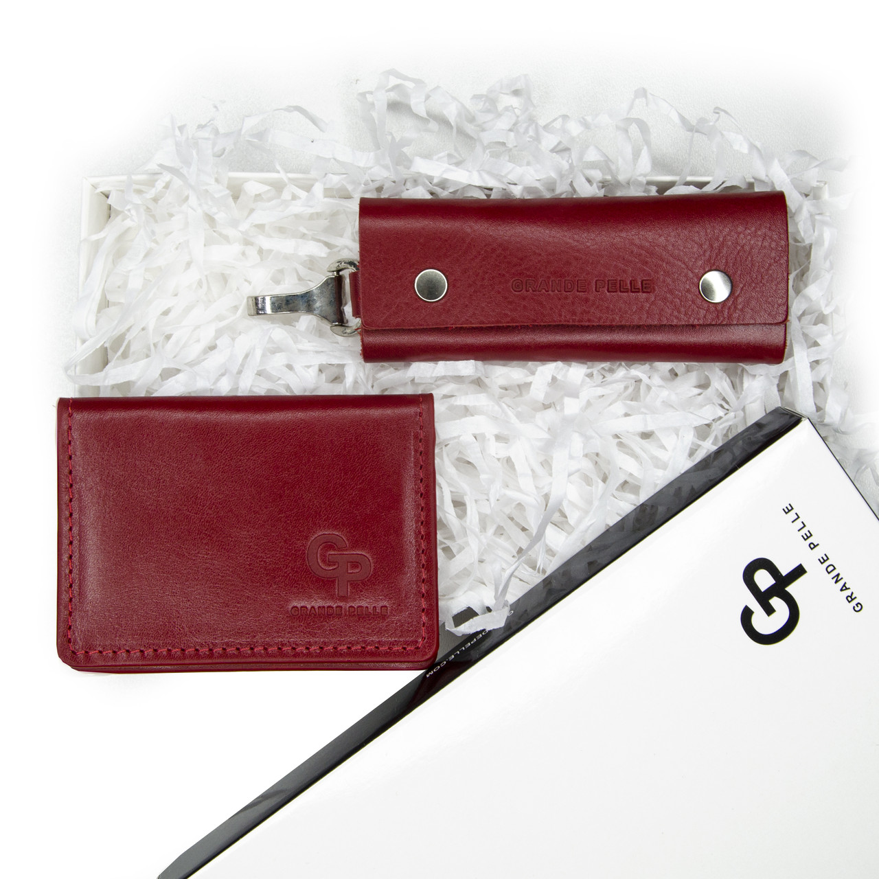 Подарунковий набір Grande Pelle: шкіряна обкладинка для ID паспорта+ключниця червоний колір, фото 1