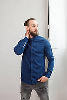 Синяя классическая мужская джинсовая рубашка воротник стойка