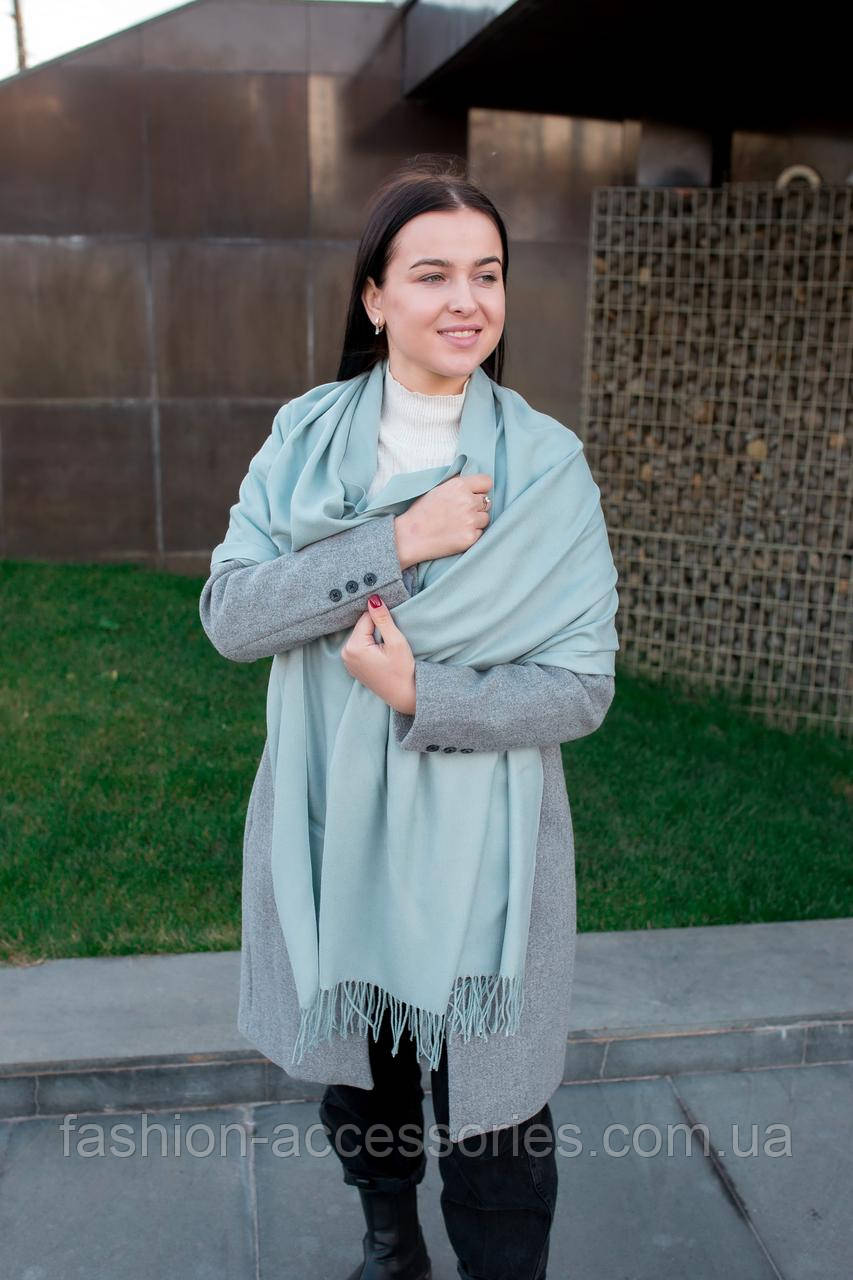 Палантин кашеміровий жіночий теплий однотонний з бахромою якісний гарний стильний ніжно-зелений цвіт, фото 1