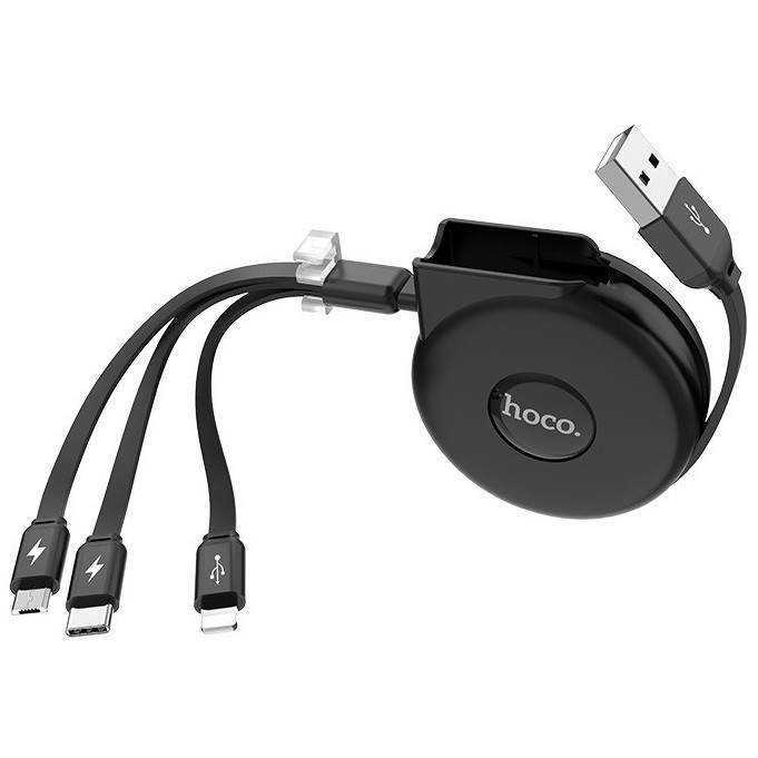 Кабель 3в1 для зарядки телефону MicroUSB+Lightning+Type-C зі швидкою зарядкою combo retractable Hoco U50 |1m, 2A| Чорний