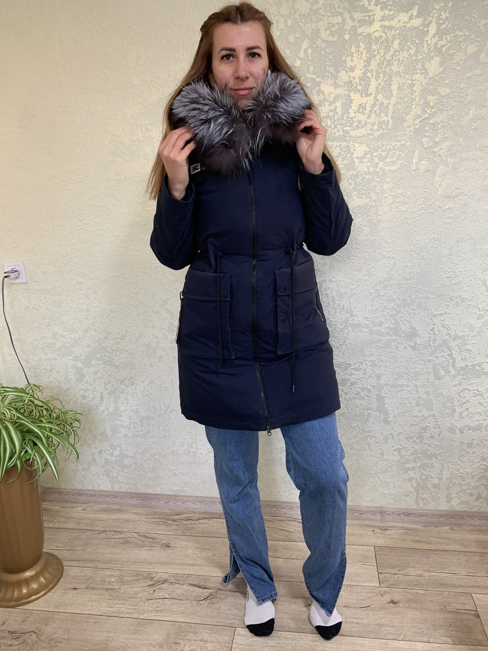 Пальто зимове жіноче дуже тепле з хутром, синє б/у