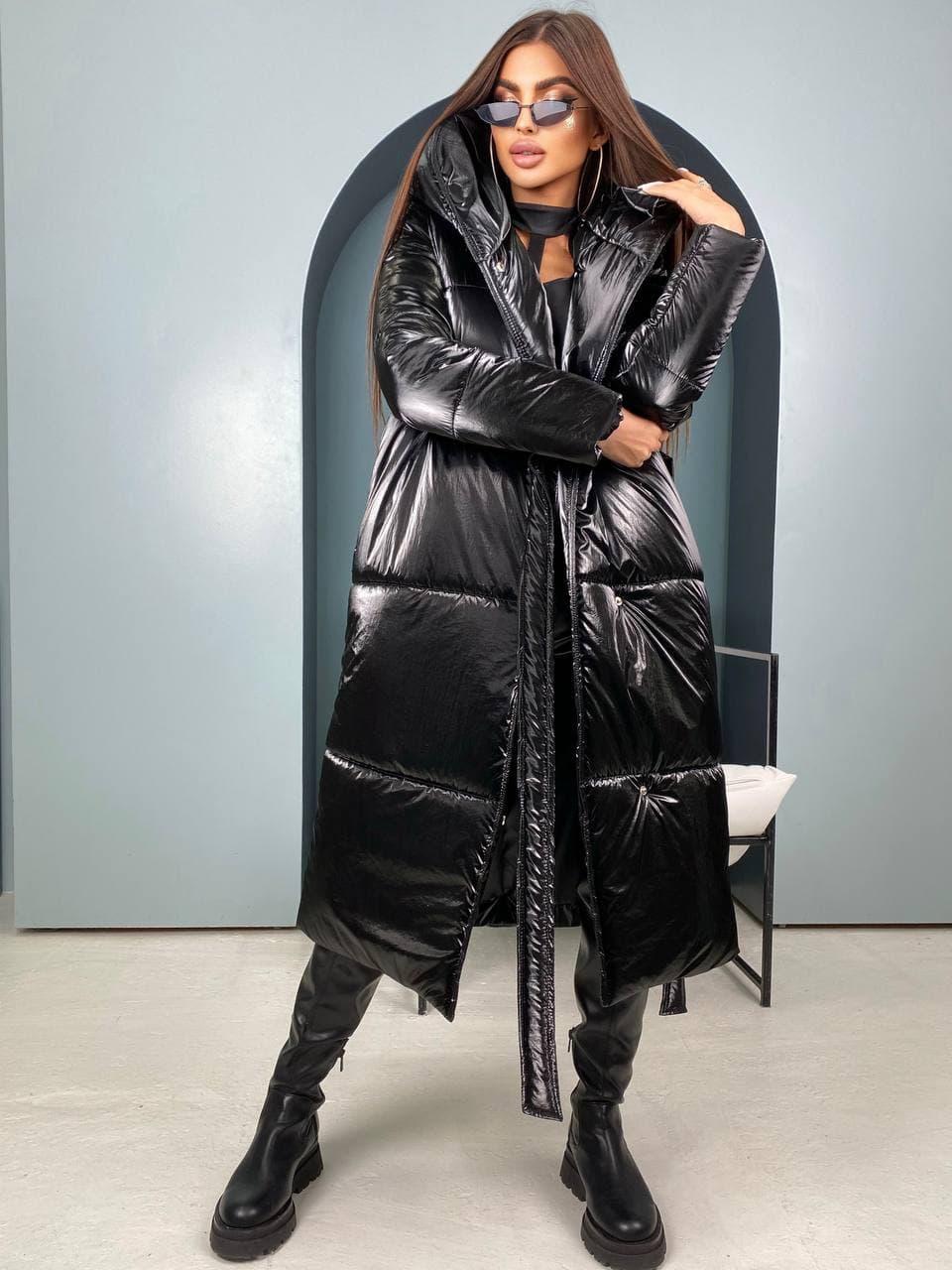 Пуховік-оделіло жіночий теплий вільного крона з капюшоном і поясом Gv2005