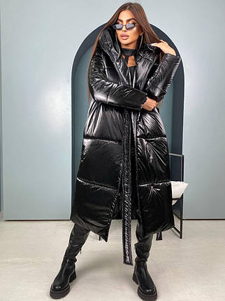 Пуховік-оделіло жіночий теплий вільного крона з капюшоном і поясом Gv2005, фото 1