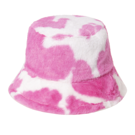 Хутряна панама з коров'ячим принтом/пухнаста панама/тепла панама/жіноча панама/рожева панама