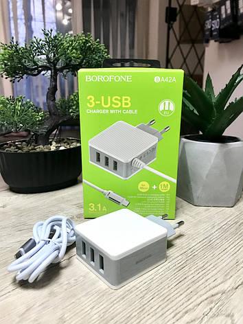 Зарядний пристрій BOROFONE A42А 3USB micro USB, фото 1