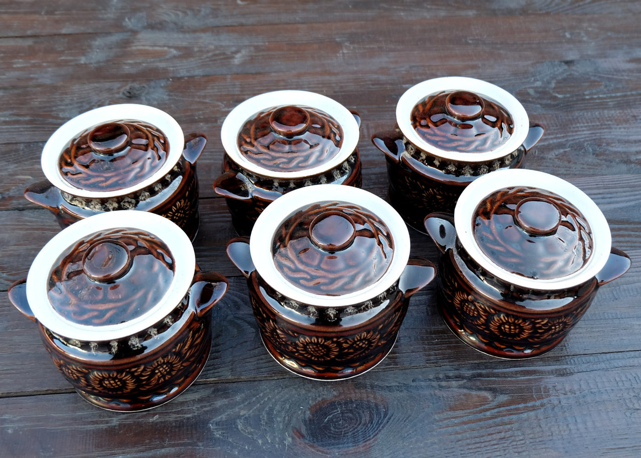 Горщики для запікання в духовці Квіти коричневі 500 мл 6 шт кераміка, фото 1