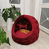 Домик лежак для собак и кошек 50 см Бордовый Велюр, игрушка-косточка