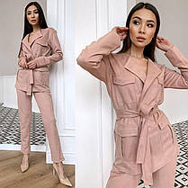 Костюм замшевий штани висока талія й піджак із кишенями та поясом, фото 2