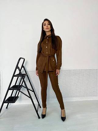 Костюм замшевий лосини висока талія й піджак із кишенями та поясом, фото 1