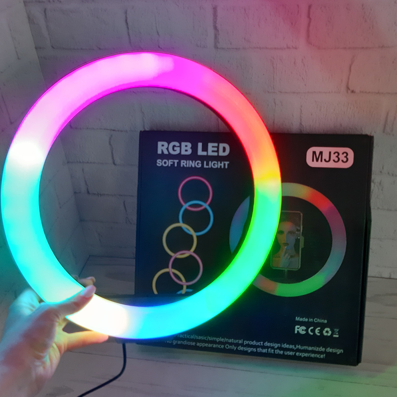 Світлодіодна кільцева RGB 33 см лампа MJ33 різнобарвна з 1 тримачем для телефона
