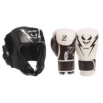 Боксерський набір, Боксерські рукавички 12 унцій + Шолом для боксу розмір L Чорно-білий ZELART BO-1371K