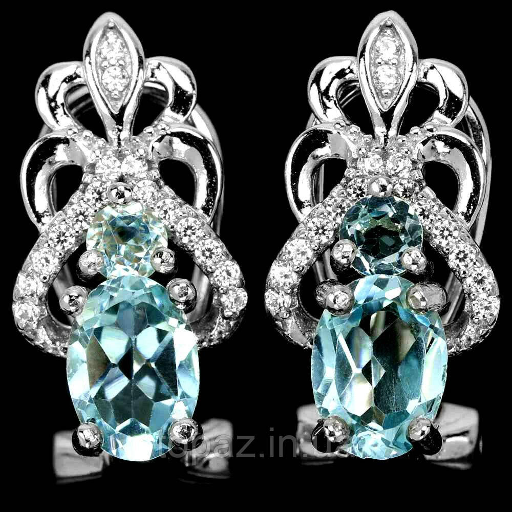 Сережки срібні 925 натуральний блакитний топаз (SKY TOPAZ), цирконій.