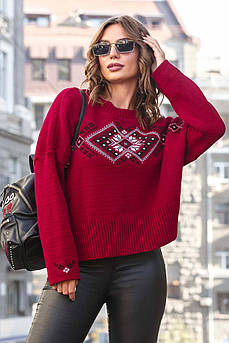 Жіночий светр оверсайз з українським орнаментом Бордо
