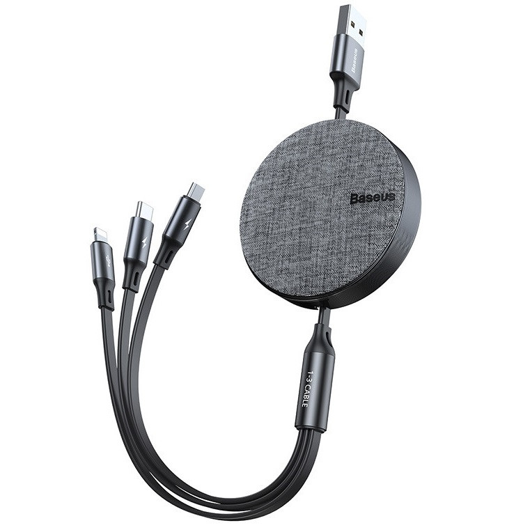 Кабель 3в1 для зарядки телефону MicroUSB/Lightning/Type-C Baseus Fabric 3-in-1 Flexible |3.5A, 0.35M-1.2M| Сірий CAMLT-BYG1