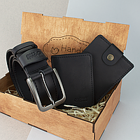 Подарунковий набір чоловічий  в коробці Handycover №42 (чорний) ремінь, портмоне, обкладинка ID паспорт