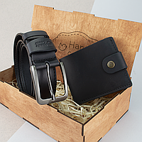 Подарунковий чоловічий набір Handycover №40 (чорний) ремінь і портмоне в дерев'яній коробці