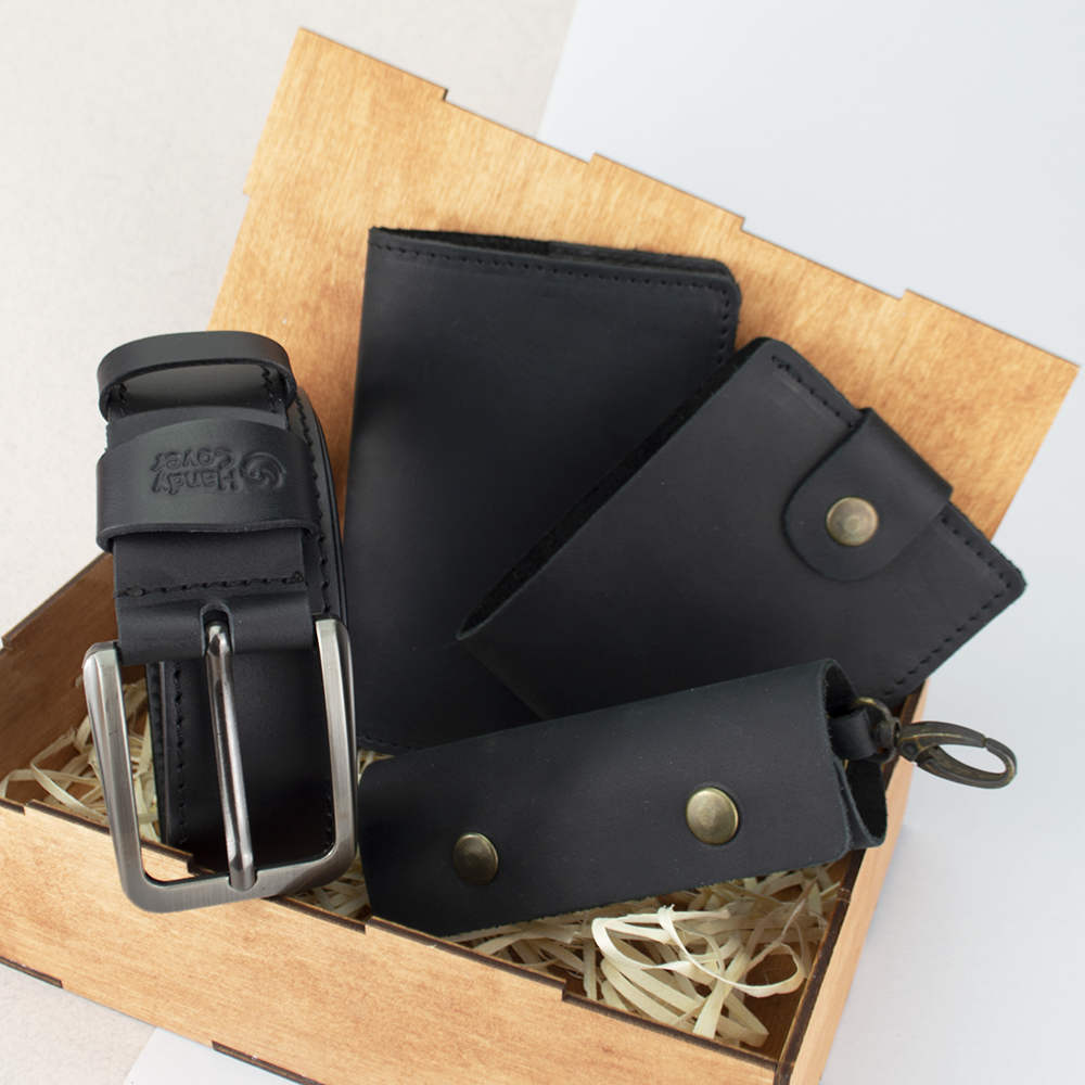 Подарунковий набір чоловічий  Handycover №41 (чорний) ремінь, портмоне, обкладинка, ключниця