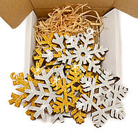 Набор Блестящие Снежинки 8 шт в Картонной Коробке Елочные Игрушки Деревянное Новогоднее Украшение на Елку