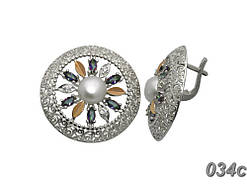 Срібні сережки Фортуна із золотими накладками Олександрітами та натуральними річковими білим перлами DARIY 034с