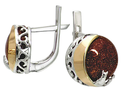 Срібні сережки Місячне світло Кіт на Місяці із золотими вставками й Авантюрином (Золотий пісок)DARIY 089с-19