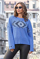 Женский свитер оверсайз с украинским орнаментом Голубой