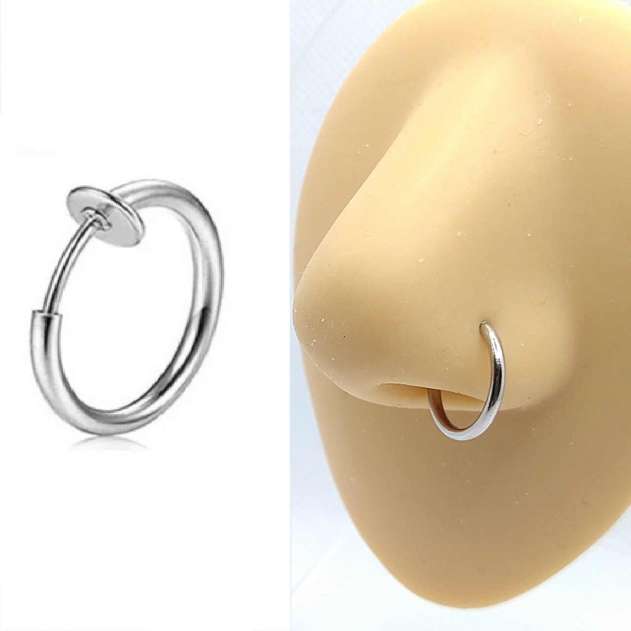 Сережка кліпса пірсинг обманка в ніс Кільце на пружинці колір срібний