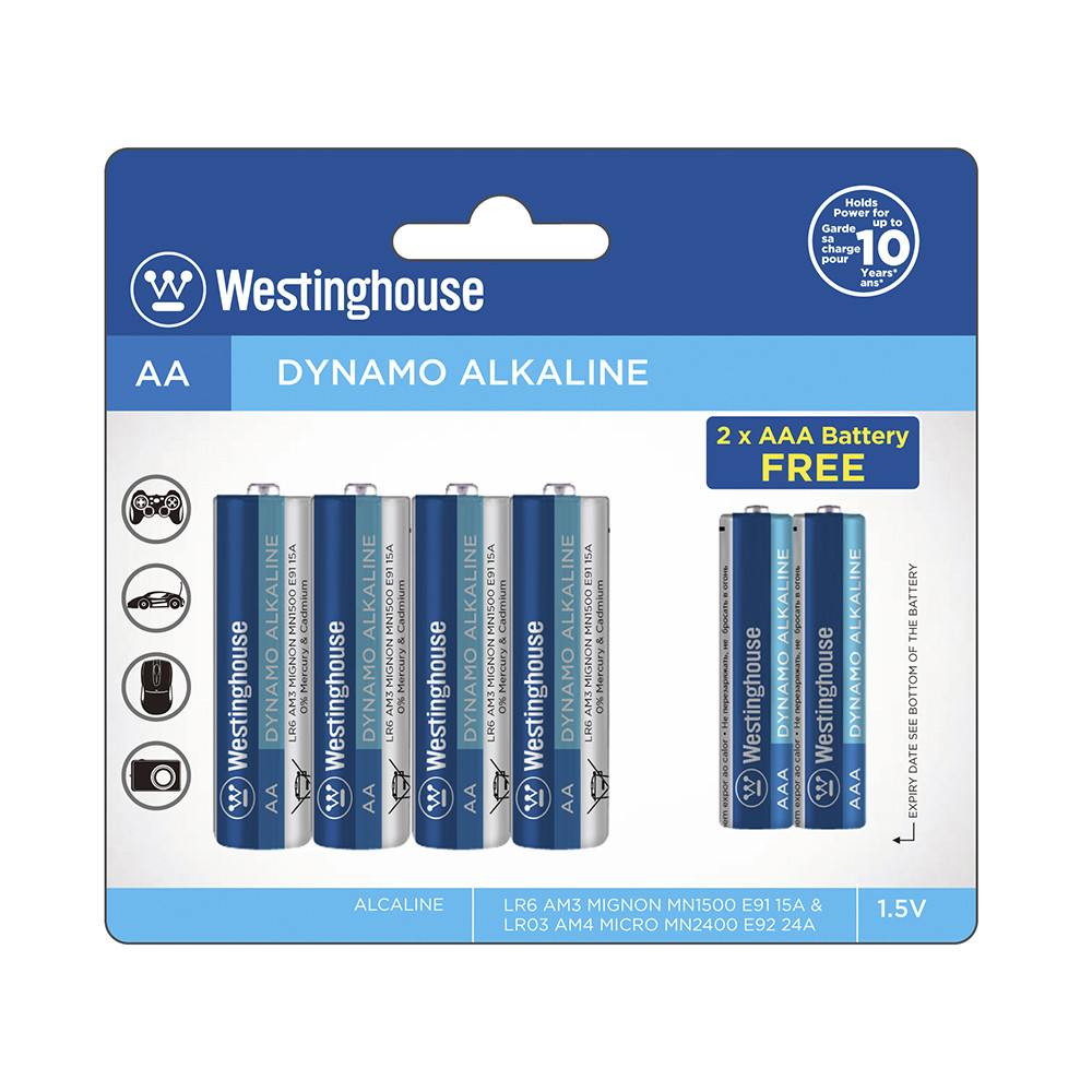 Лужна батарейка Westinghouse Dynamo Alkaline 4шт AA/LR6 + 2шт AAA/LR03 уп/blister