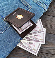 Зажим для купюр кожаный коричневый, кожаный кошелек для денег и карточек, винтажный мужской кошелек
