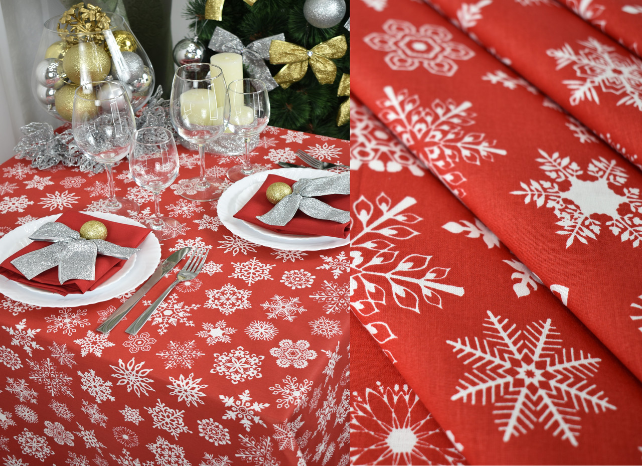 Скатертина для столу "Сніжинки" 235х150см, Червона