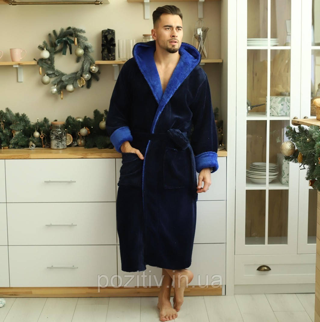 Чоловічий махровий банний халат з капюшоном синій, фото 1