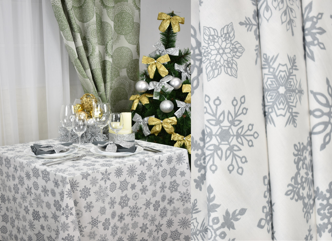 Скатертина для столу "Сніжинки" 235х150см, Сірий