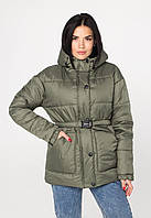 Короткая зимняя куртка плащевка цвета хаки на пуху, размеры от S до 3XL