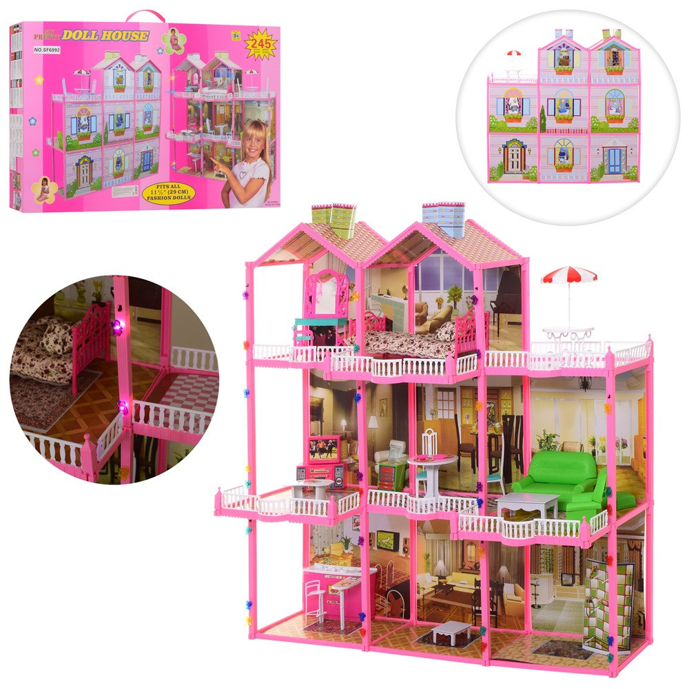 Домик для кукол Барби Кукольный дом с мебелью пластик Большой трехэтажный игровой коттедж со светом От 3-х лет - фото 2 - id-p1517676260