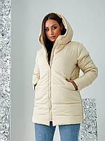 ТExclusive!!! Тёплая зимняя куртка на змейке, с капюшоном и шлейками внутри, арт A060, цвет молочный