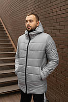 Мужская удлиненная серая стеганая куртка парка с капюшоном зима/весна/осень. Мужское укороченное пальто