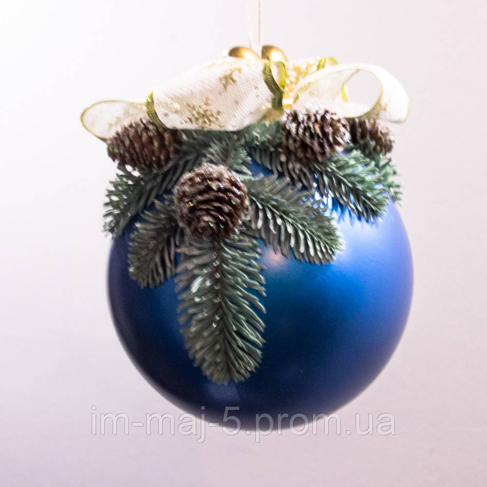 Новорічний декор, велика куля синього кольору з білим бантом