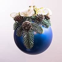 Новорічний декор, велика куля синього кольору з білим бантом